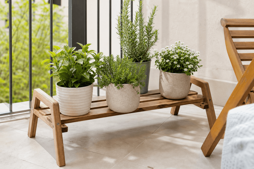 Küçük Balkon için Taşınabilir Ahşap Saksı Standı